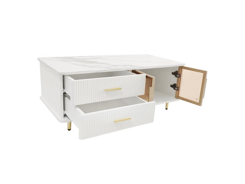  Ensemble meuble tv et table basse, façade en verre trempé, 4 tiroirs + 2 portes, plateau effet marbre texturé  - Conforama E
