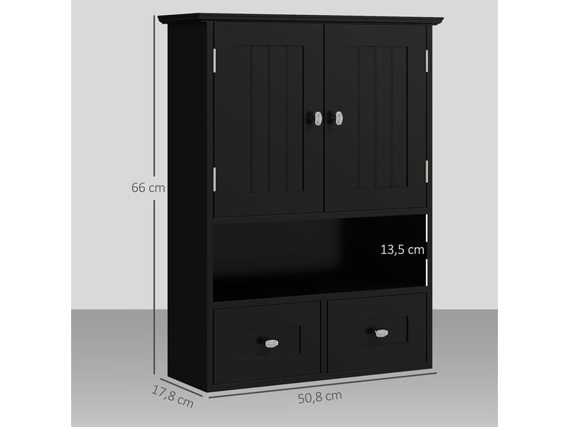  Armoire murale de salle de bain, armoire de toilette, avec portes, étagère, 2 tiroirs, 50,8l x 17,8p x 66h cm, noir  - Conforama E