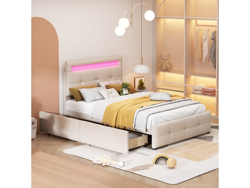 Lit enfant 90x200 cm - lit avec éclairage led et 2 tiroirs, confortable pour enfant, rangement intégré, sans matelas, beige - Conforama D
