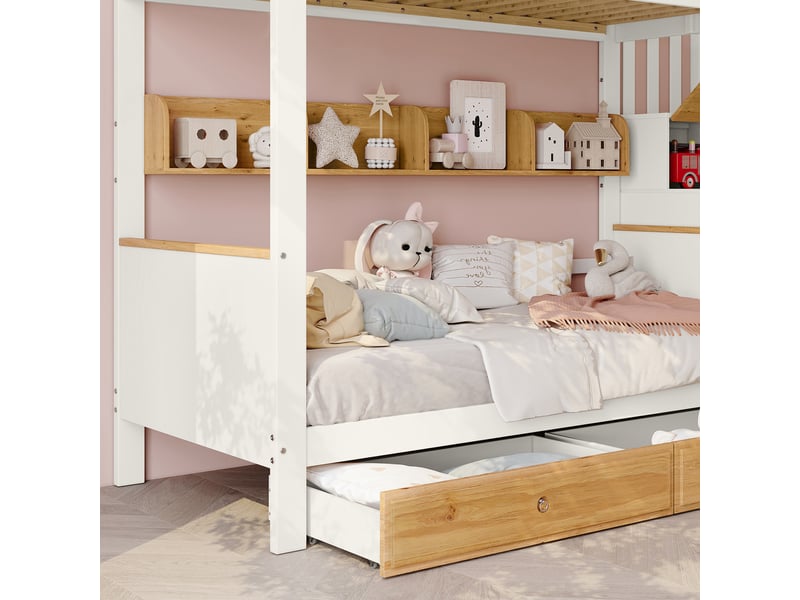  Lit superposé 90x200cm, rangement, cadre pin et mdf, échelle avec 4 casiers, 2 tiroirs, blanc et naturel  - Conforama E