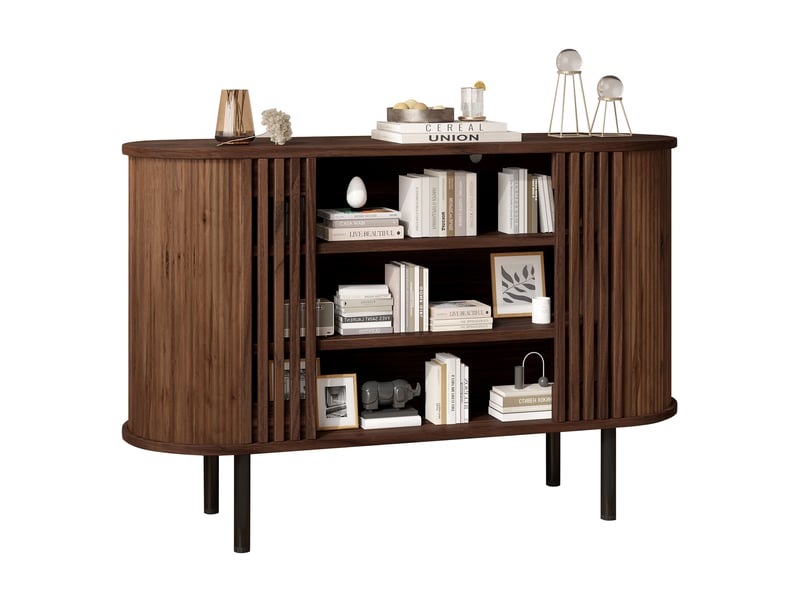Buffet 120x40x80 cm à compartiments ouverts en mdf, pieds en métal, couleur marron foncé, design simple - Conforama A