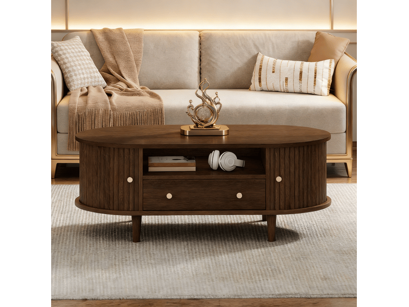 Table basse ovale 100 x 50 x 36 cm en mdf plaqué noyer avec tiroir et portes à rideau couleur noyer chicfurn - Conforama C