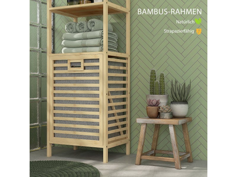  Étagère salle de bain bambou naturel 44x33x160 cm avec 3 niveaux, panier tissu et anti-basculement  - Conforama E