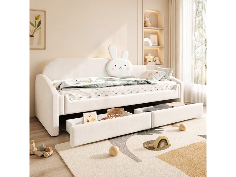  Lit banquette enfant 90×200 cm en velours, lit simple avec 2 tiroirs, led et coussin lapin, matelas non précisé, beige  - Conforama B