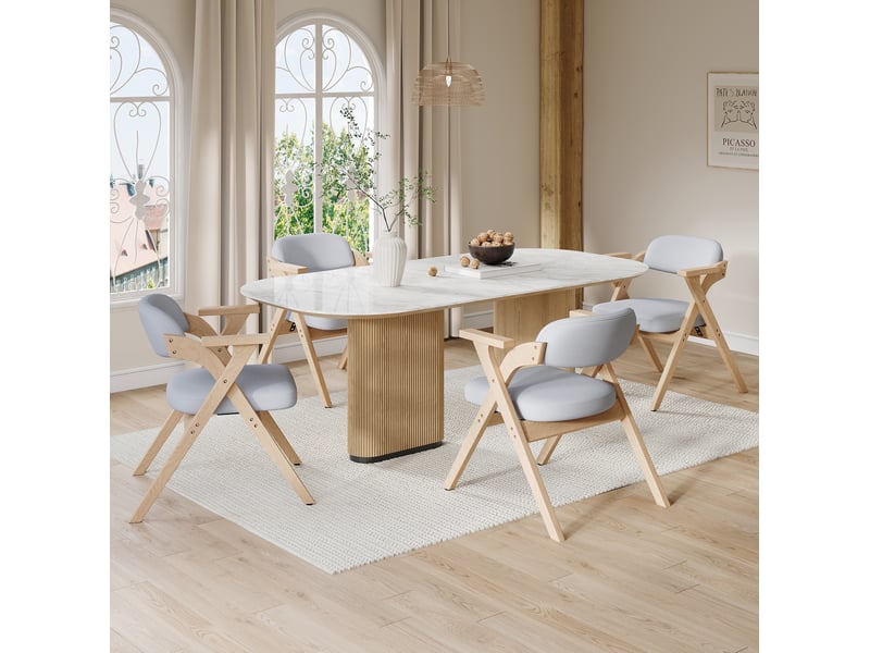  Lot de 4 chaises de salle à manger pliantes avec accoudoirs en bois et lin gris  - Conforama B