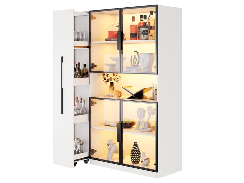  Vitrine en verre blanche avec led, meuble de rangement salon moderne avec étagères coulissantes, 110x35x160 cm.  - Conforama A