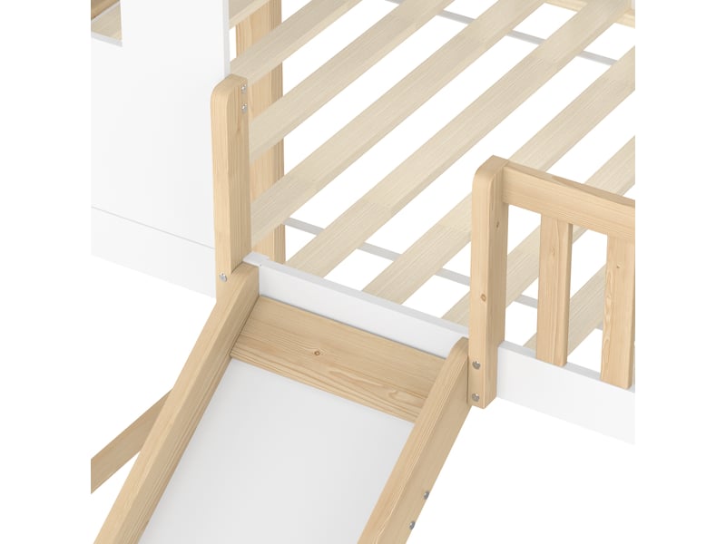 Lit mezzanine enfant 90x200 cm avec toboggan et rangements, pin, mdf et contreplaqué, naturel et blanc, sans matelas - Conforama R