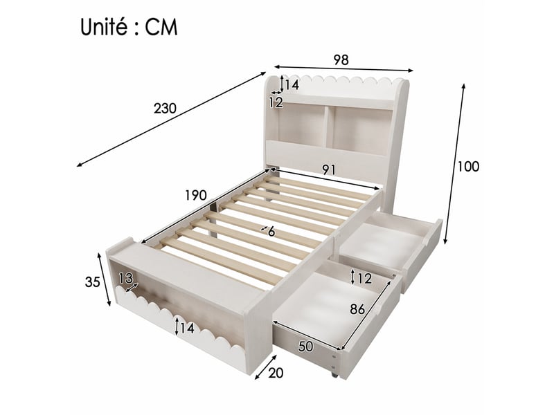  Lit avec tiroirs 1 place 90x190 cm en bois massif et mdf avec 2 tiroirs et étagères, sans matelas, blanc et chêne clair  - Conforama D