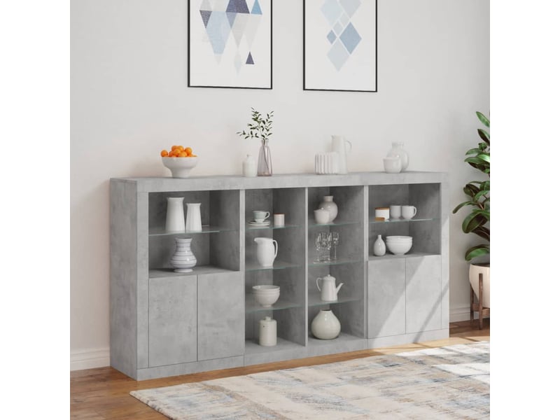 Buffet - bahut - meuble de rangement avec lumières led gris béton 202x37x100 cm - Conforama D