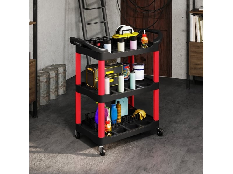  Chariot d'atelier 83 x 43 x 97 cm noir et rouge en plastique, 3 niveaux avec rangement, charge 91 kg  - Conforama B