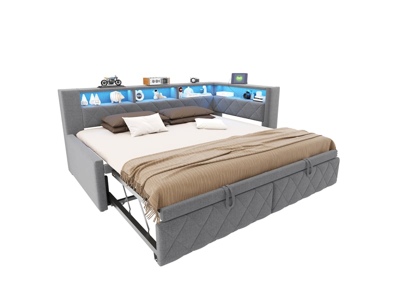  Canapé-lit 90 × 200 cm 180 × 200 cm – avec lit gigogne – éclairage led inclus – prise électrique incluse – revêtement en lin – gris (matelas non inclus)  - Conforama A