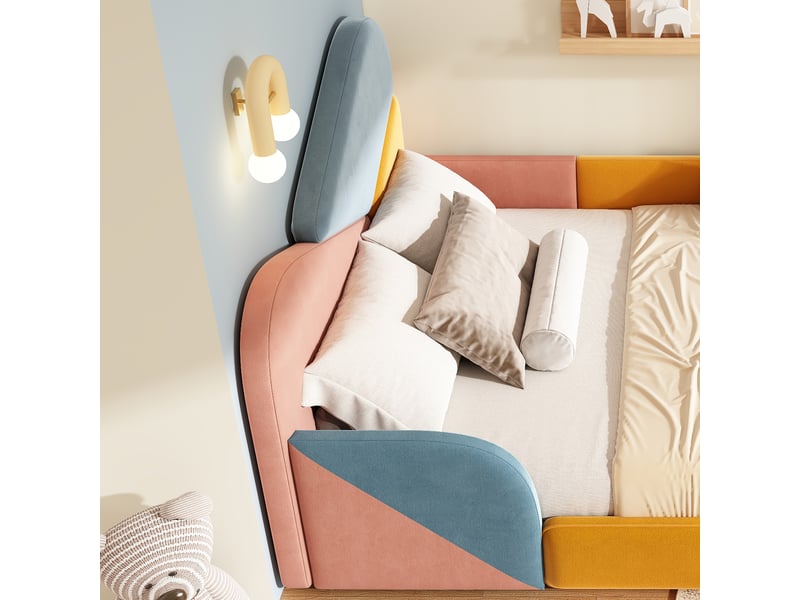  Lit enfant capitonné 140x200 cm, design patchwork bleu, rose et jaune, protection latérale et bord souple  - Conforama D