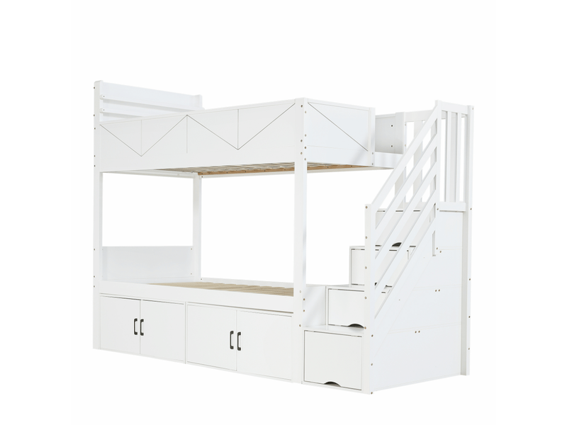  Lit superposé 90x200 cm avec escalier de rangement, rangements sous le lit, sécurité renforcée, panneau, bois et mdf, blanc sans matelas  - Conforama A