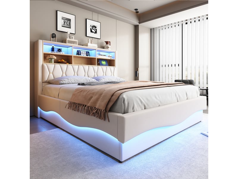  Lit rembourré 180×200 avec espace de rangement hydraulique, bande lumineuse led contrôlée par application, port de chargement usb, cadre à lattes métalliques, revêtement en lin, beige.  - Conforama B