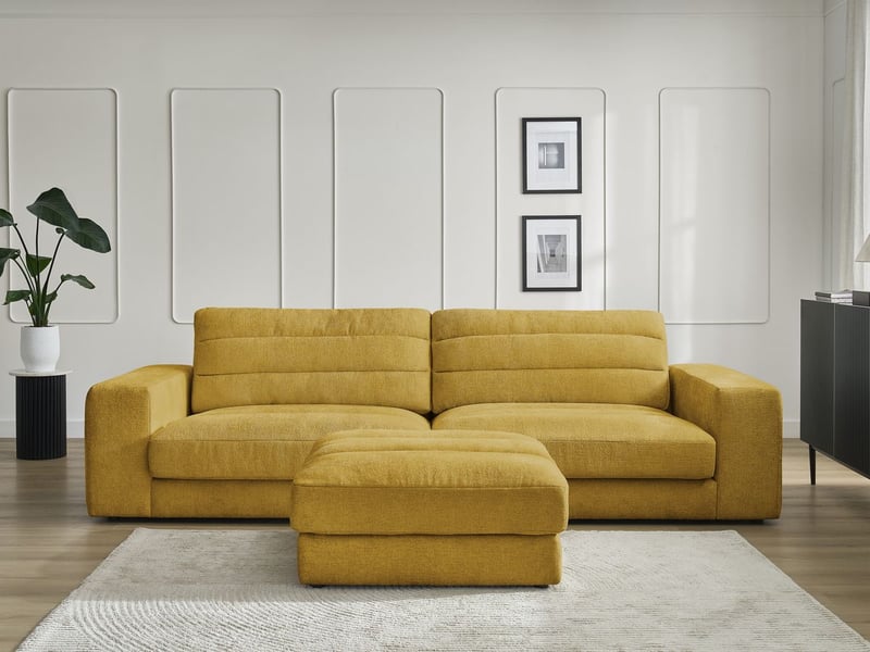  Bobochic canapé droit fixe 3 places sierra tissu texturé avec pouf jaune SIERRA - Conforama D