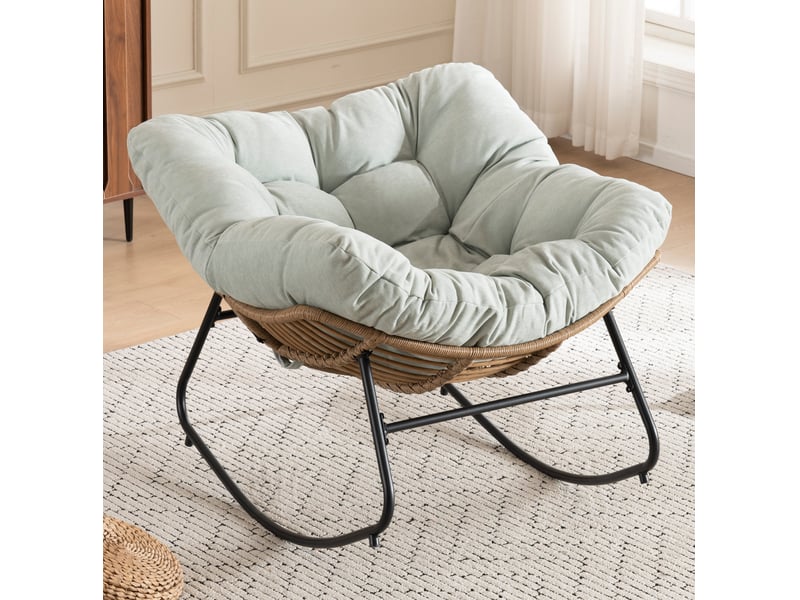 Rocking-chair avec assise rembourrée et effet bascule relaxant pour salon ou chambre, en chenille bleu clair - Conforama B