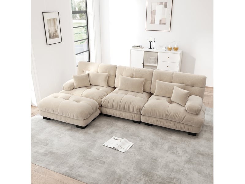  Canapé d’angle modulable 313x145x81 cm, canapé nuage en l, avec pouf et accoudoirs, revêtement chenille beige clair  - Conforama B