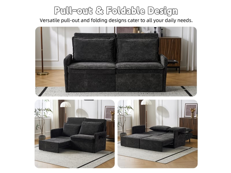  Canapé droit convertible 2 places en tissu noir avec usb, dossier réglable 5 positions et poches latérales  - Conforama E