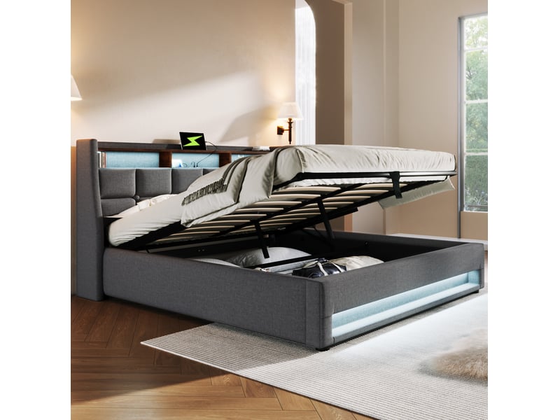 Lit 2 places 160x200 cm – gris – coffre relevable, led, usb et matelas à ressorts 7 zones h3 inclus  - Conforama B