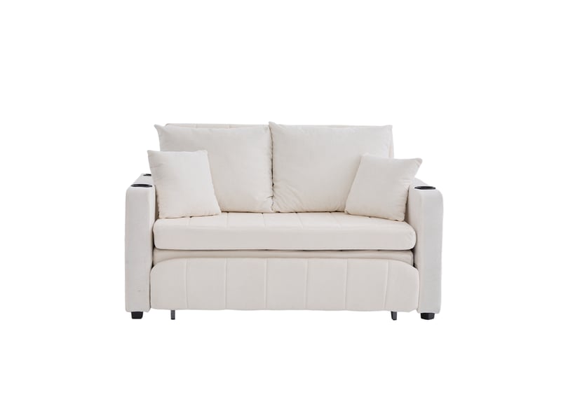  Canapé-lit 2 places convertible en tissu chenille, 4 coussins inclus, poches latérales, porte-gobelets, mousse haute densité, beige  - Conforama A