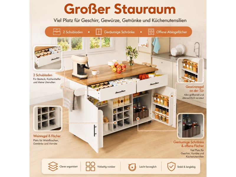  Desserte de cuisine 120x45x84 cm plateau rabattable blanche avec plateau aspect bois naturel  - Conforama D