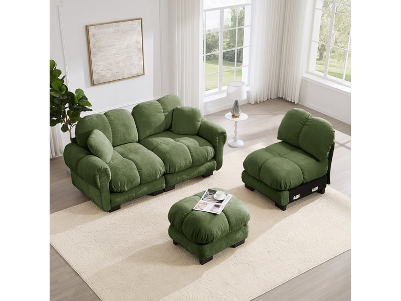  Canapé d’angle modulable 3 places modenvie avec ottomane mobile, 2 coussins décoratifs, revêtement chenille vert, 260 x 149 x 90 cm  - Conforama D