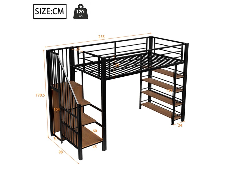  Lit mezzanine enfant 90x200 cm – noir – escalier sécurisé, penderie et étagères – sans matelas  - Conforama C