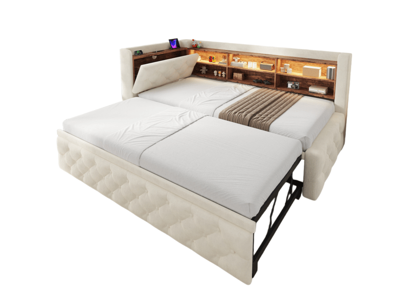  Lit banquette 90x190 cm, led, usb-c, canapé-lit extensible, accoudoir coffre, tête de lit étagère, sommier, velours, beige Seren Glow - Conforama A
