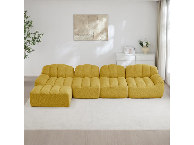 Canapé modulaire 4 places avec pouf en tissu bouclette jaune - Conforama B