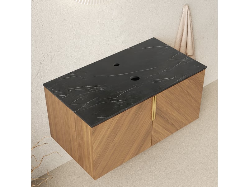  Meuble sous vasque sans vasque 91 cm, plan en pierre frittée, effet chêne brun  - Conforama E
