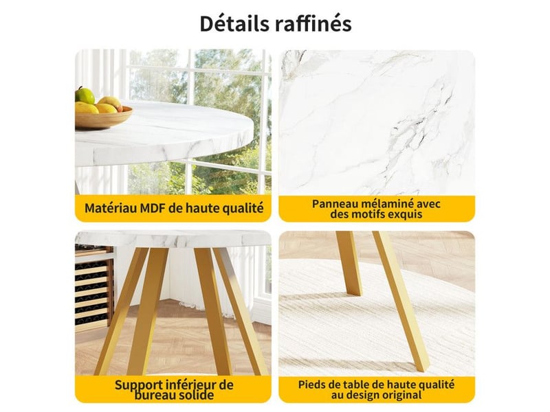 Table à manger ronde 80cm - motif marbre blanc - pieds métal dorés &plateau mdf facile à nettoyer - pour 4 personnes - gain de place 80x80x75cm - Conforama C