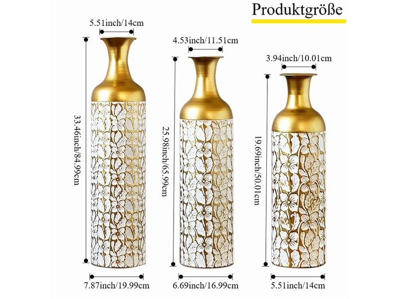 Lot de 3 vases sur pied 50x66x85 cm, décor floral, métal, doré et blanc  - Conforama E