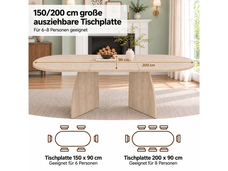  Table à manger ovale extensible 150-200x90x75cm pour 6 à 8 personnes, design épuré avec plateau effet travertin evarich - Conforama D