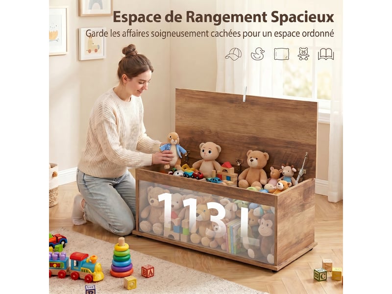 Coffre de rangement, banc de rangement avec couvercle rabattable et charnières de sécurité, marron, 100 x 40 x 40 cm - Conforama A