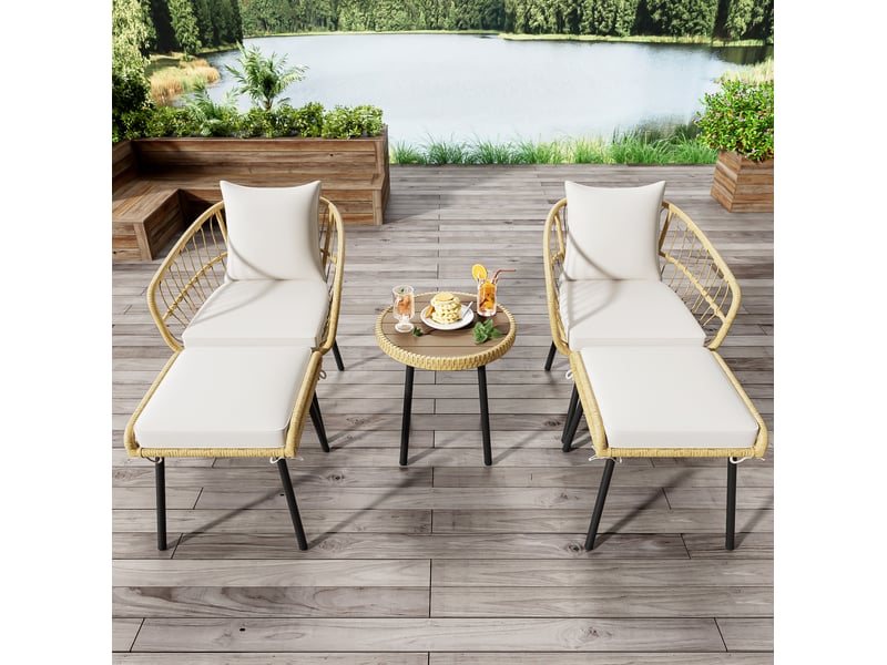 Salon de jardin 5 pièces ø46 cm – blanc et naturel – 2 fauteuils, 2 poufs et table ronde en rotin tressé - Conforama B