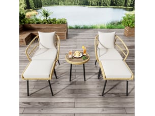Salon de jardin 5 pièces ø46 cm – blanc et naturel – 2 fauteuils, 2 poufs et table ronde en rotin tressé