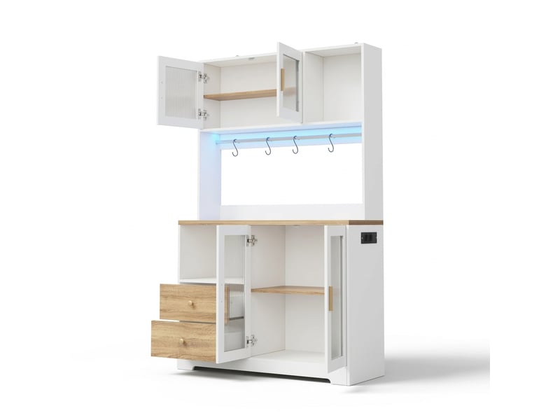  Buffet de cuisine haut 178 cm blanc et effet bois, avec éclairage led et prise  - Conforama A