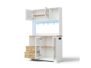 Buffet de cuisine haut 178 cm blanc et effet bois, avec éclairage led et prise