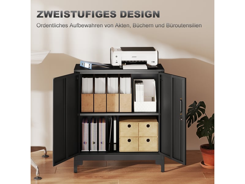  Armoire de bureau en métal, portes verrouillables, commode, modèle à 2 niveaux, noire  - Conforama E