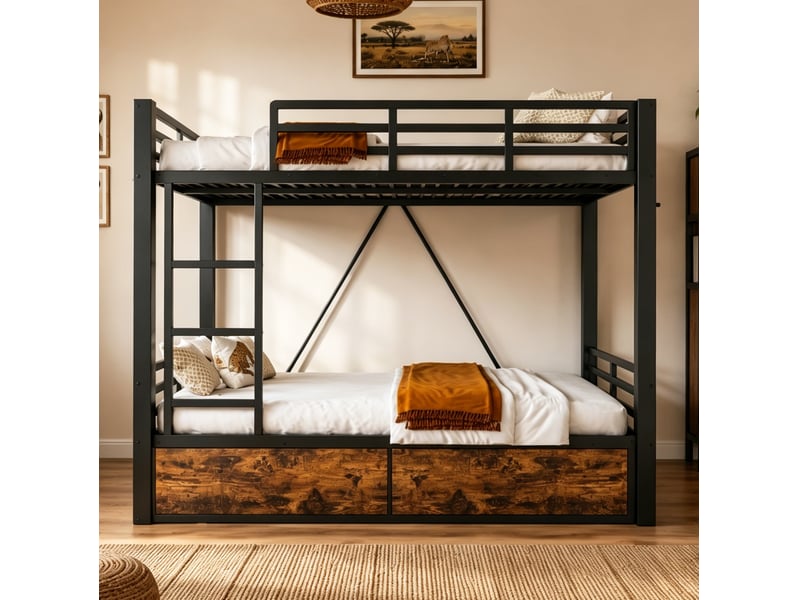  Lit superposé 140x200 cm, noir, métal et bois, avec tiroirs, échelle et garde-corps de sécurité, sans matelas  - Conforama E