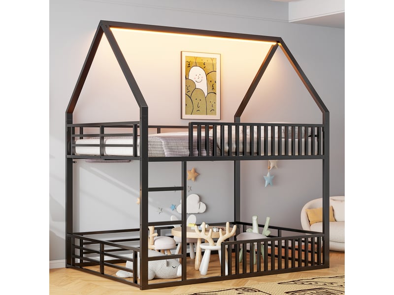 Lit superposé enfant 140x200 cm en métal noir avec structure maison et led - Conforama B