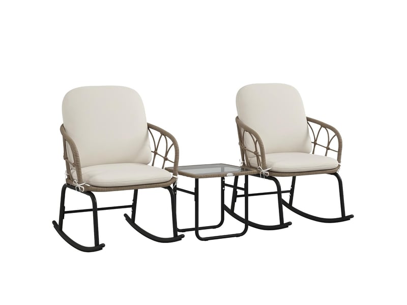  Salon de jardin 3 pièces 2 fauteuils à bascule et table en résine tressée crème  - Conforama A