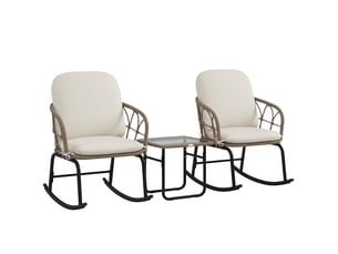Salon de jardin 3 pièces 2 fauteuils à bascule et table en résine tressée crème
