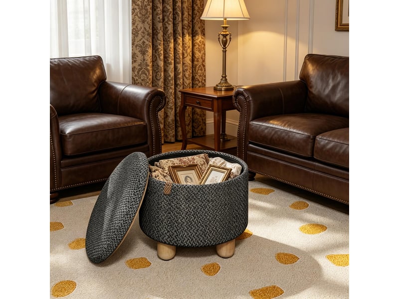 Pouf rond avec rangement, tabouret pratique, repose-pieds compact, siège chaussures - Conforama E