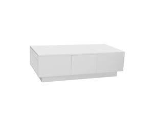 Table basse 100x50x31 cm à plateaux coulissants, 2 tiroirs et rangements cachés, panneaux de particules brillants, blanc