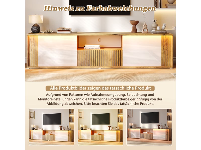  Meuble tv, avec éclairage led, rangement, aspect bois, 2 portes, 1 tiroir, blanc‑bois, 180x40x51 cm  - Conforama D