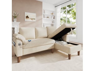 Canapé d'angle réversible fixe <strong>WISHDOR</strong> <strong></strong> 3 places Polyester beige avec coffre de rangement