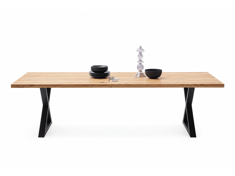  Table à manger avec bord droit coloris chêne massif et pieds en métal noir - longueur 220 x profondeur 100 x hauteur 76 cm  - Conforama E