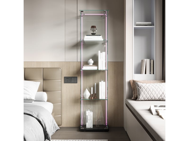 Vitrine d'exposition - 39.8x35x163cm - en verre 4 niveaux, vitrine porte simple avec ruban led, serrure - noir  - Conforama D