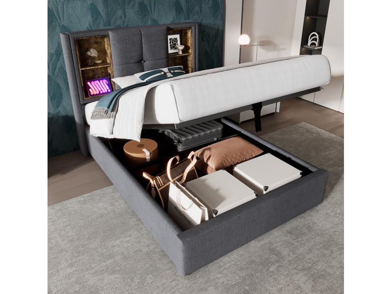  Lit coffre 1 place 90 x 200 cm gris en coton avec chargement sans fil, usb et usb-c  - Conforama D